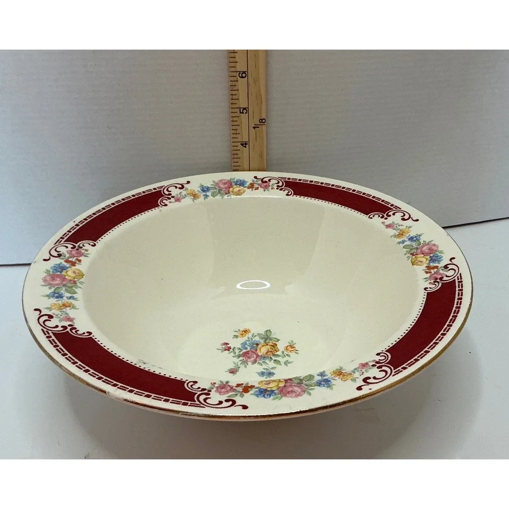 Homer Laughlin Vintage Floral Serving Bowl Burgundy Gold Trim 9‎ Inch G48N6 USA